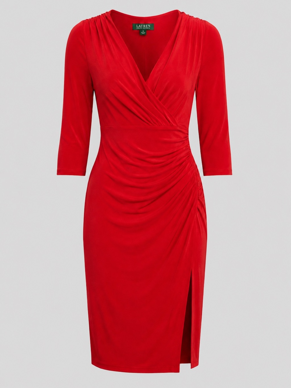 Lauren Ralph Lauren Red Ruched Faux Wrap Sheath Dress Petite Size 4P